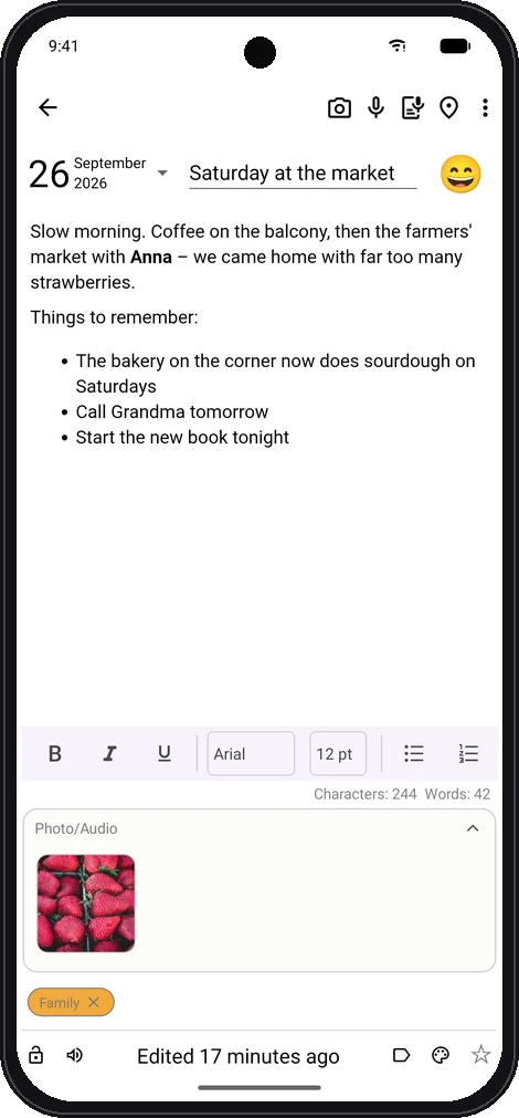 A diary page with text, a photo and a mood