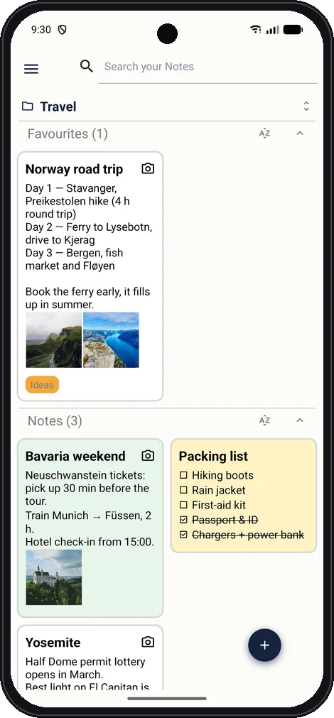 Safe Notes 2 showing a folder of notes with photos and checklists
