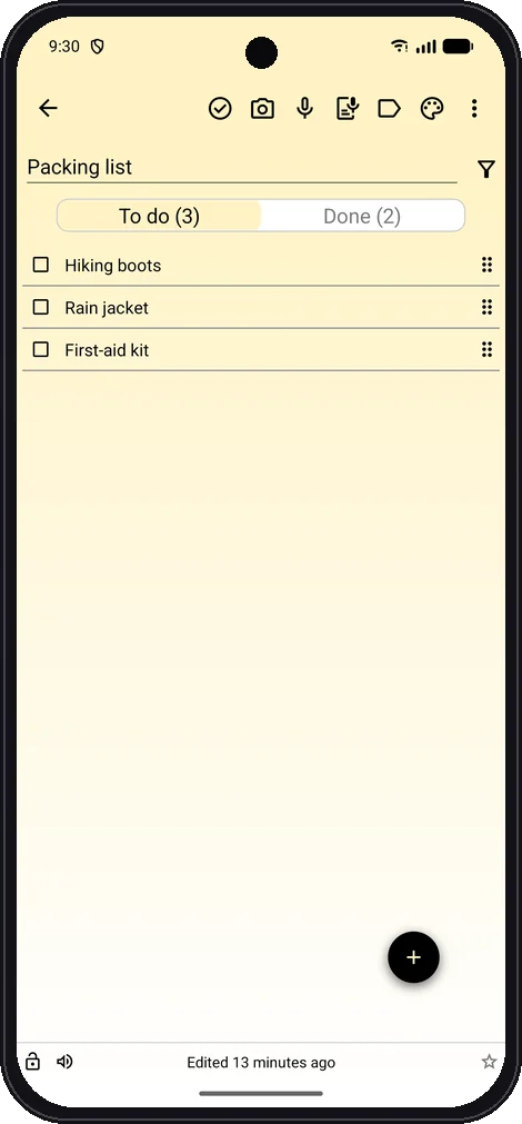A checklist in Safe Notes 2